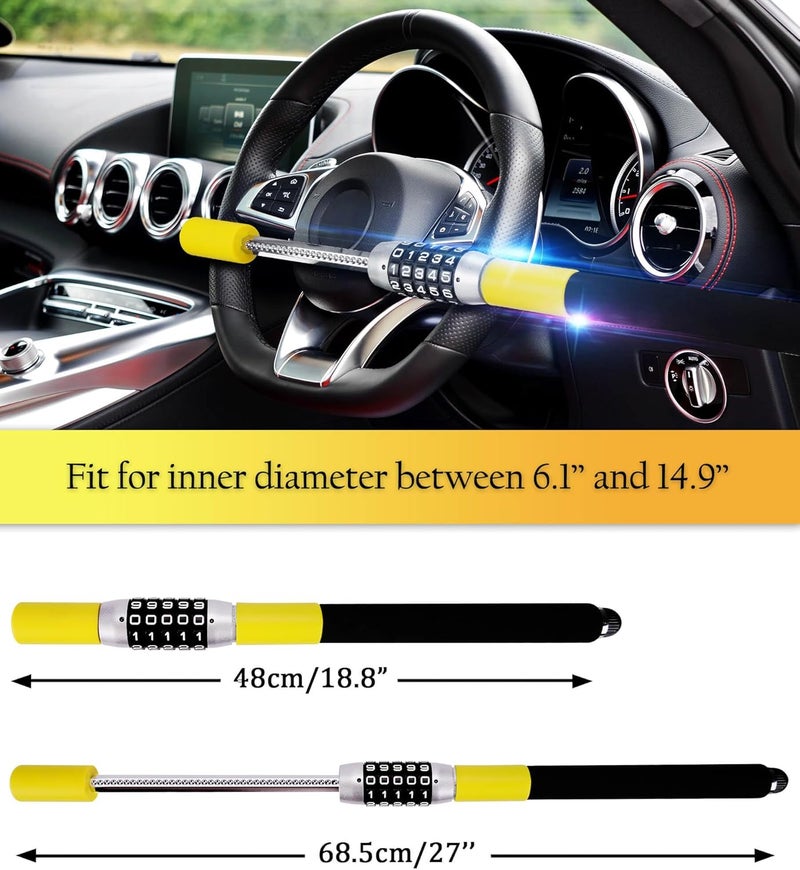 Tevlaphee Steering Wheel Lock, Car Lock Anti Theft Keyless Extendable Retractable Password 5 Coded Combination Lock, Heavy Duty Universal Fit (Yellow) - Image 5